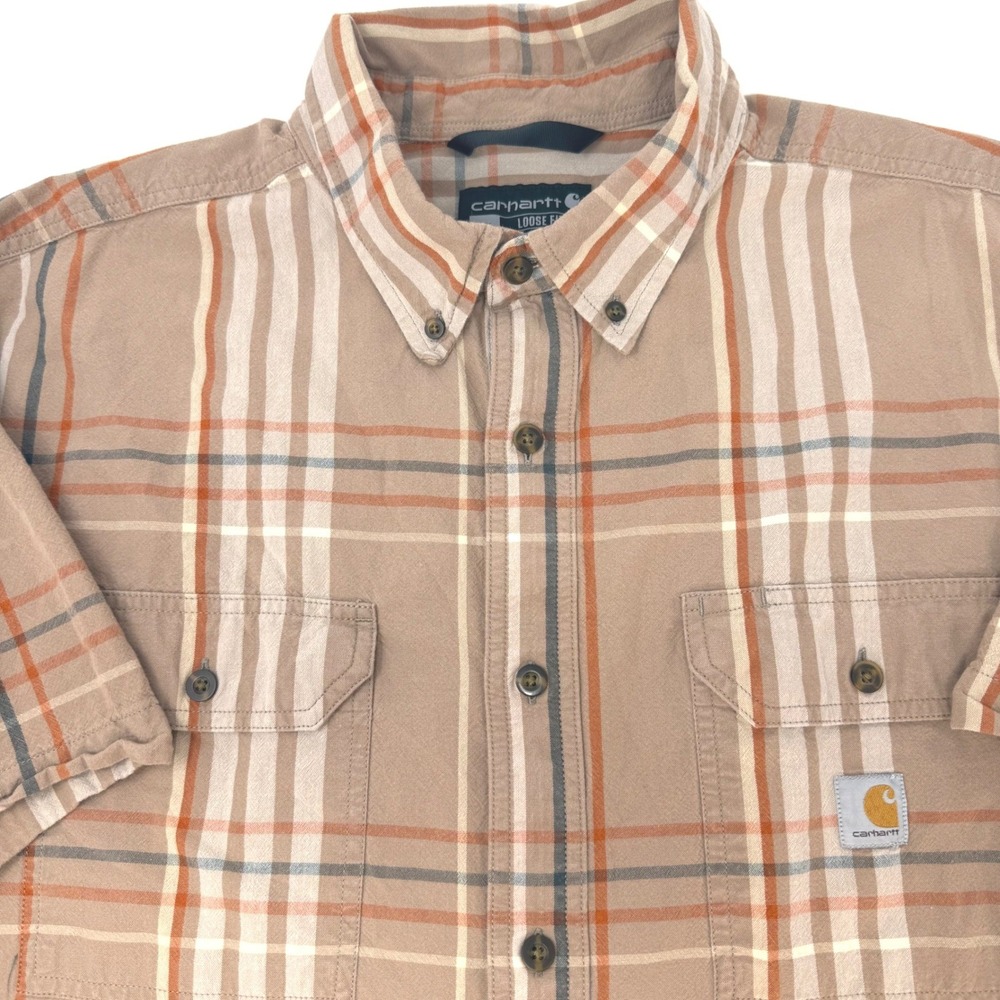 Carhartt Mens 2XL Loose Fit Short Sleeve Plaid Button Down Work Shirt Tan Orange